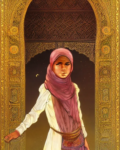 Image similar to a faceless bedouin child infront of a big open quran highly detailed, gold filigree, romantic storybook fantasy, soft cinematic lighting, award, disney concept art watercolor illustration by mandy jurgens and alphonse mucha and alena aenami, pastel color palette, featured on artstation