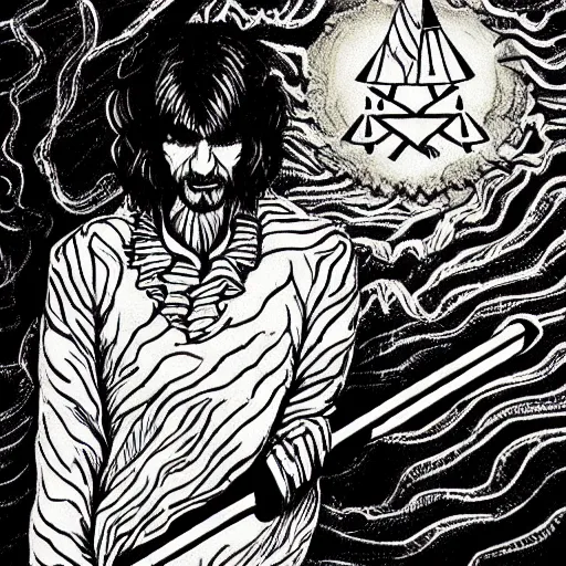 Image similar to black and white pen and ink!!!! Twin Peaks Black Lodge goetic George Harrison golden!!!! Vagabond!!!! floating magic swordsman!!!! glides through a beautiful!!!!!!! floral!! battlefield dramatic esoteric!!!!!! pen and ink!!!!! illustrated in high detail!!!!!!!! by Koyoharu Gotouge and Hiroya Oku!!!!!!!!! graphic novel published on 2049 award winning!!!! full body portrait!!!!! action exposition manga panel black and white Shonen Jump issue by David Lynch eraserhead and Frank Miller beautiful line art Hirohiko Araki