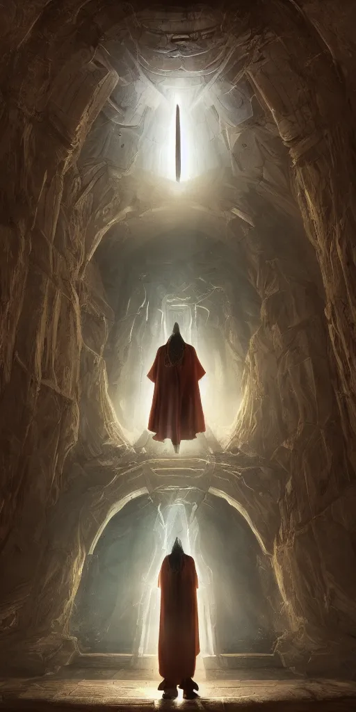 Image similar to a wizard in a cloak standing in front of a portal to wisdom, tall door, high ceiling, magic light, light beam, cinematic atmosphere, high definition, ultra detailed