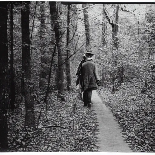 Prompt: photo from 1900s elmo walking in the forest, black and white, blurred