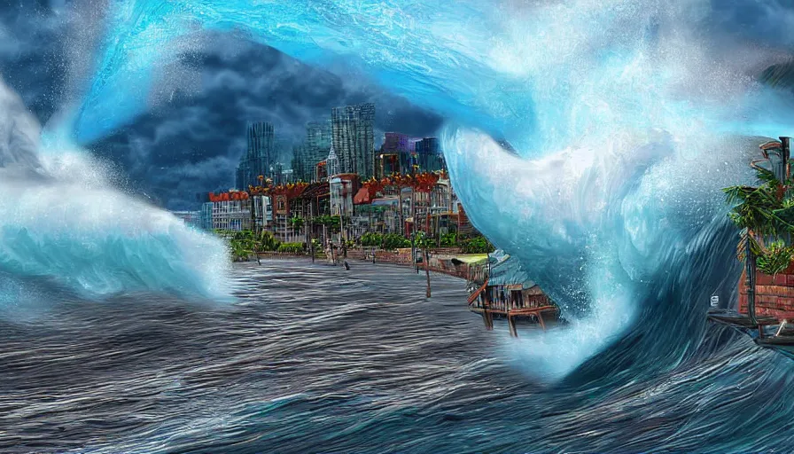 Image similar to a huge tidal wave approaches a coastal city, digital art, highly detailed, realistic, bright colors, 8 k
