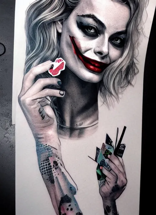 Image similar to tattoo design of beautiful margot robbie portrait with joker makeup, holding an ace card, in the style of den yakovlev, realistic face, black and white, realism tattoo, hyper realistic, highly detailed