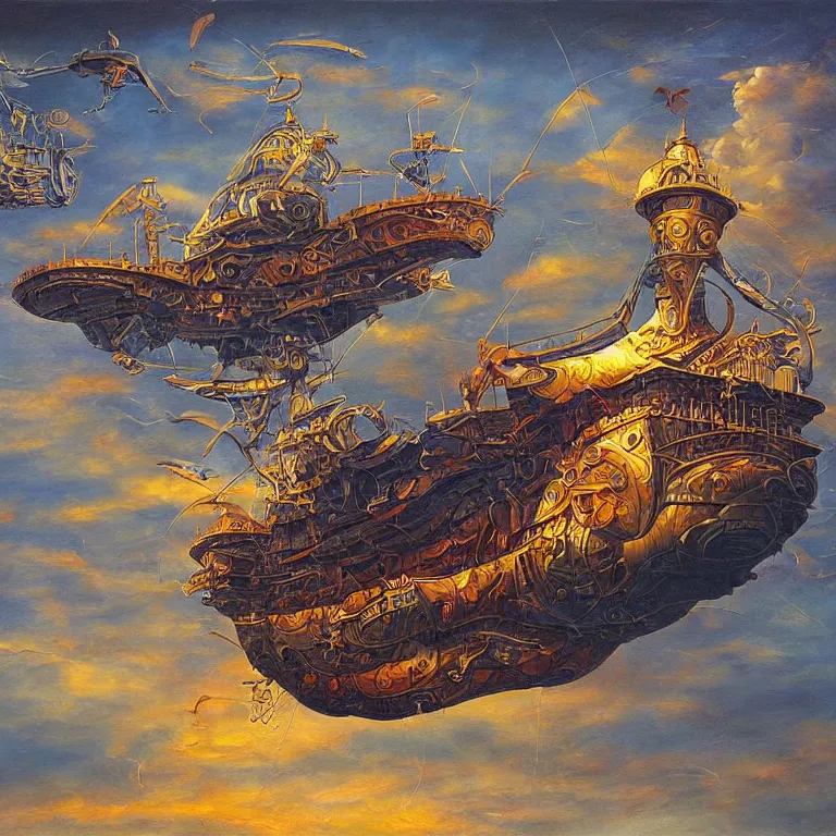 Image similar to flying ship by tomek setowski, surreal oil painting, dream like, highly detailed, symmetry, masterpiece