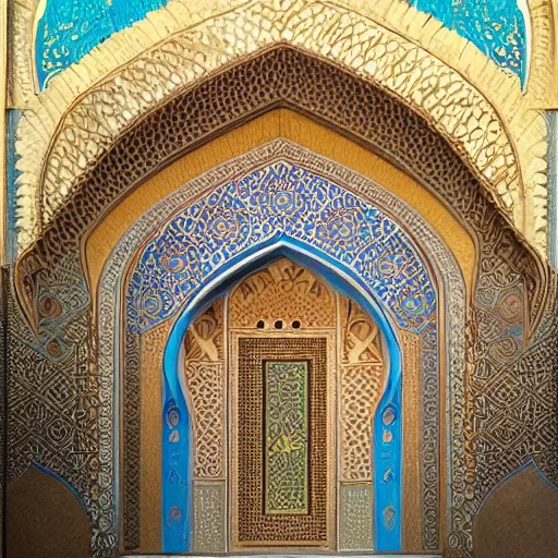 Prompt: art nouveau gate leading into Moroccan Samarkand mosque with Nabatean geometric decorations, science fiction concept art by greg rutkowski and wayne barlowe and alphonse mucha