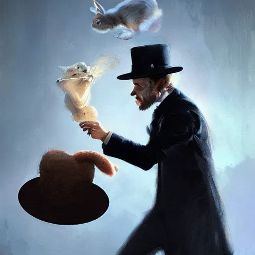 Image similar to a magician pulling a hat out of a rabbit painted by greg rutkowski wlop