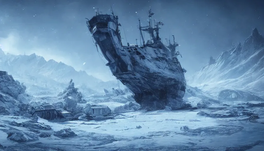 Image similar to abandoned ship in snowy mountains in a frozen planet, hyperdetailed, artstation, cgsociety, 8 k