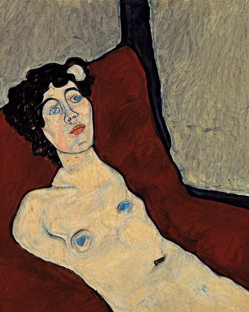 Prompt: portrait of young female on the sofa reading from ipad, in the style of Egon Schiele