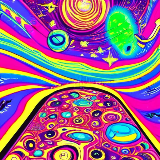 Image similar to psychedelic trippy couch in space, planets, milky way, sofa, detailed cartoon