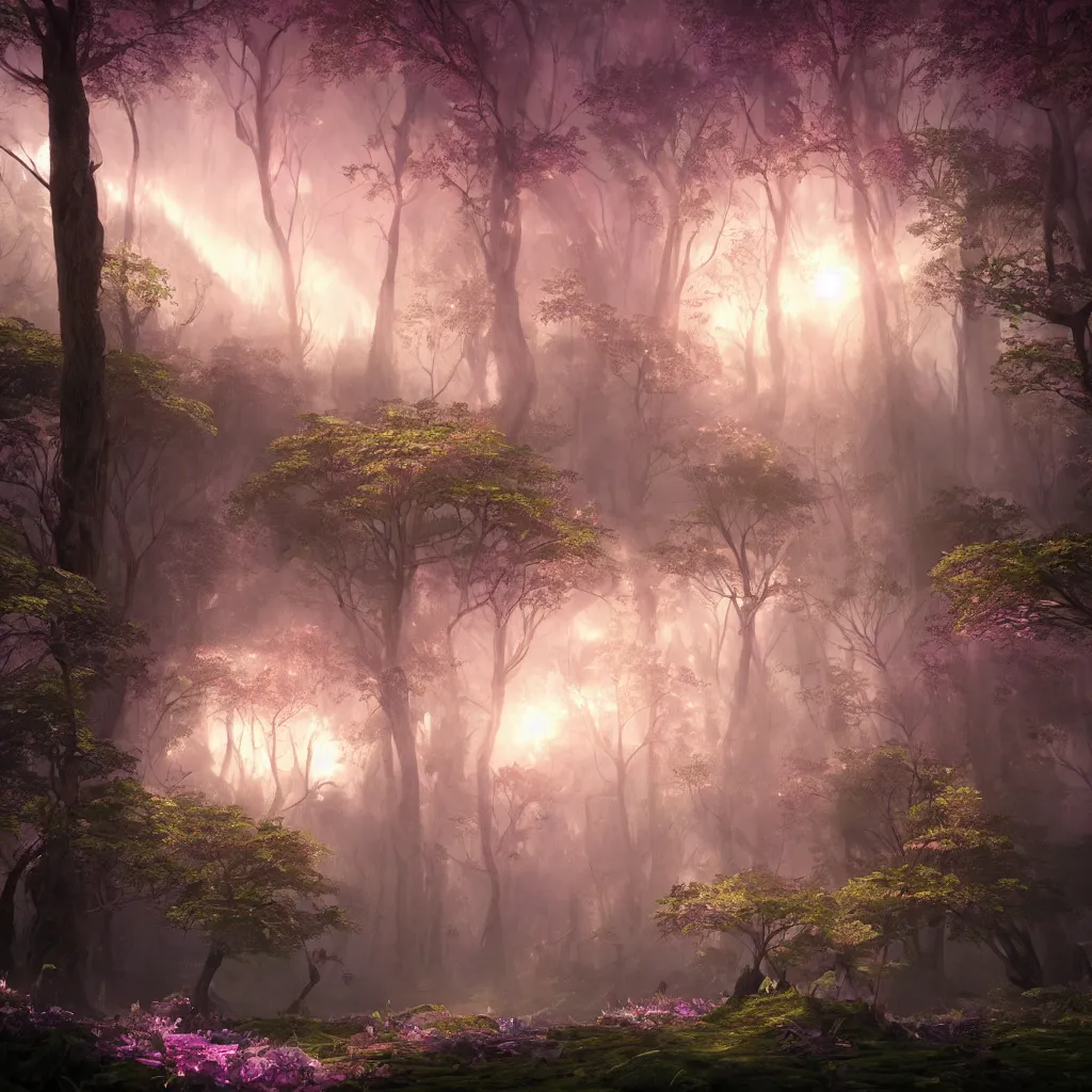 Image similar to fantasy with earth forest and meadow magic, at gentle dawn pink light, cinematic lighting, volumetric lighting, smooth, sharp focus, highly detailed, render in unreal engine 5, artstation, deviantart, behance, trending,, epic composition, hd, octane, unreal engine, volumetric lighting, light rays, masterpiece, award - winning