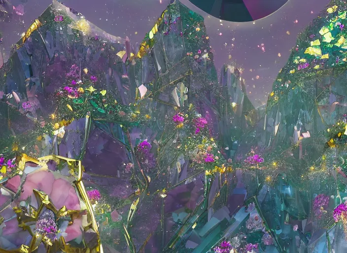 Prompt: shimmering crystal city made of diamond and rose quartz with gold decoration, sparkling in the sunlight, surrounded by flowers. trending on artstation.