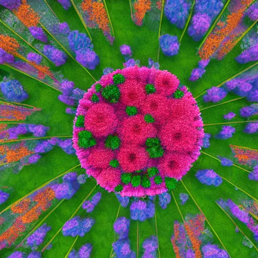 Prompt: digital art, professional aerial drone view of an organic city on top of a giant flower,petals,at dawn,concept art,HDR,unreal engine,8k