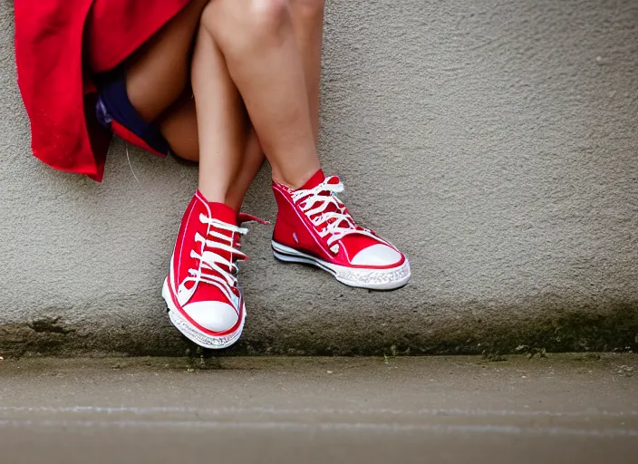 Image similar to side view of the legs of a woman hook sitting on the ground by a curb, very short pants, wearing red converse shoes, wet aslphalt road after rain, blurry background, sigma 8 5 mm