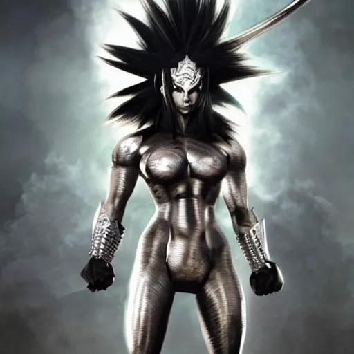 Image similar to warrior girl, muscular girl, wild spiky black saiyan hair, long spiky hair, electrified hair, wearing chrome silver armor and black spandex pants, ultra realistic, intricate details, highly detailed, subsurface scattering, photorealistic, octane render, 8 k, art by artgerm, greg rutkowski, magali villeneuve, alphonse mucha