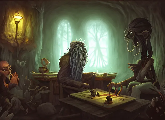 Image similar to dark cabin interior. a leshy forces you to play a card game. low lighting, dark painting by dan volbert and mandy jurgens and deiv calviz and lim chuan shin