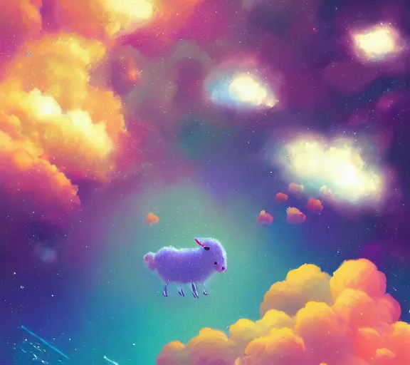 Prompt: cute flock of sheep jumping on clouds of nebula in a vast galaxy of colorful sparkling stars, grazing on cotton lumps of the cloud, beautiful clear detailed digital art, detailed detailed detailed, by Gravity Falls, by Louyang Zhang Artstation