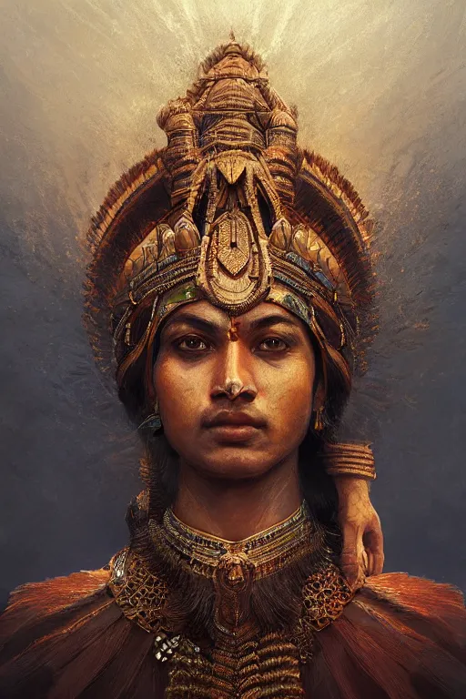 Image similar to indian god, close - up portrait, powerfull, intricate, elegant, volumetric lighting, scenery, digital painting, highly detailed, artstation, sharp focus, illustration, concept art, ruan jia, steve mccurry