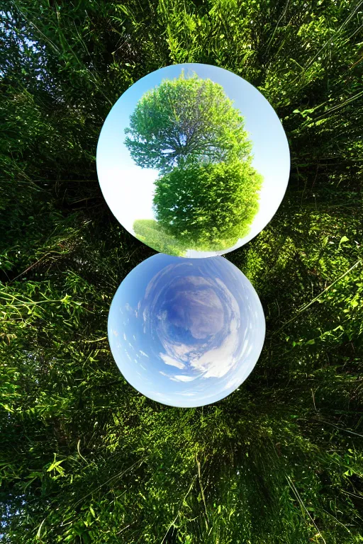 Prompt: a mirror sphere sitting in a lush forest