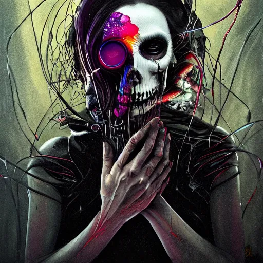 Image similar to portrait of Grimm Reaper, cameras, melting ,8k,by tristan eaton,Stanley Artgermm,Tom Bagshaw,Greg Rutkowski,Carne Griffiths, Ayami Kojima, Beksinski, Giger,trending on DeviantArt,face enhance,hyper detailed,minimalist,cybernetic, android, blade runner,full of colour