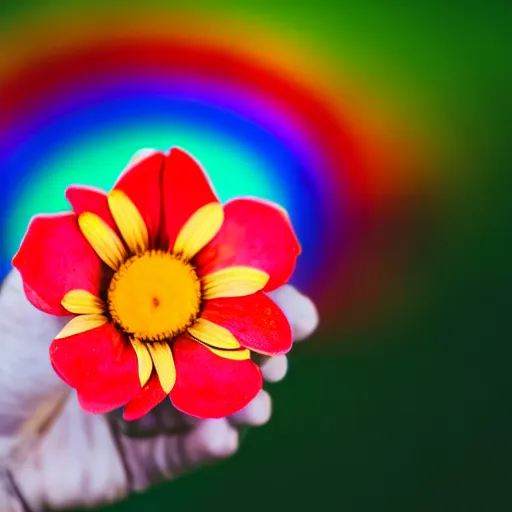 Image similar to closeup photo of rainbow - colored flower with 7 petals, held by hand, shallow depth of field, cinematic, 8 0 mm, f 1. 8