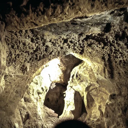 Image similar to photo inside a cavern of a scary humanoid partially hidden behind a rock with wet lizard skin and a mouth with sharp tooth and black eyes, staring at a tourist