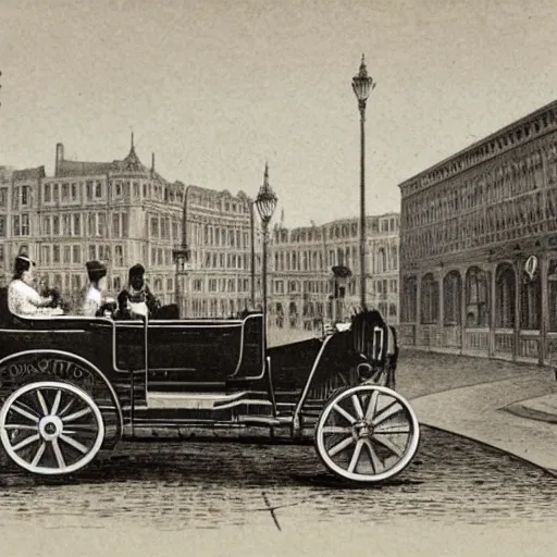 Prompt: a modern car in a cityscape set in year 1890