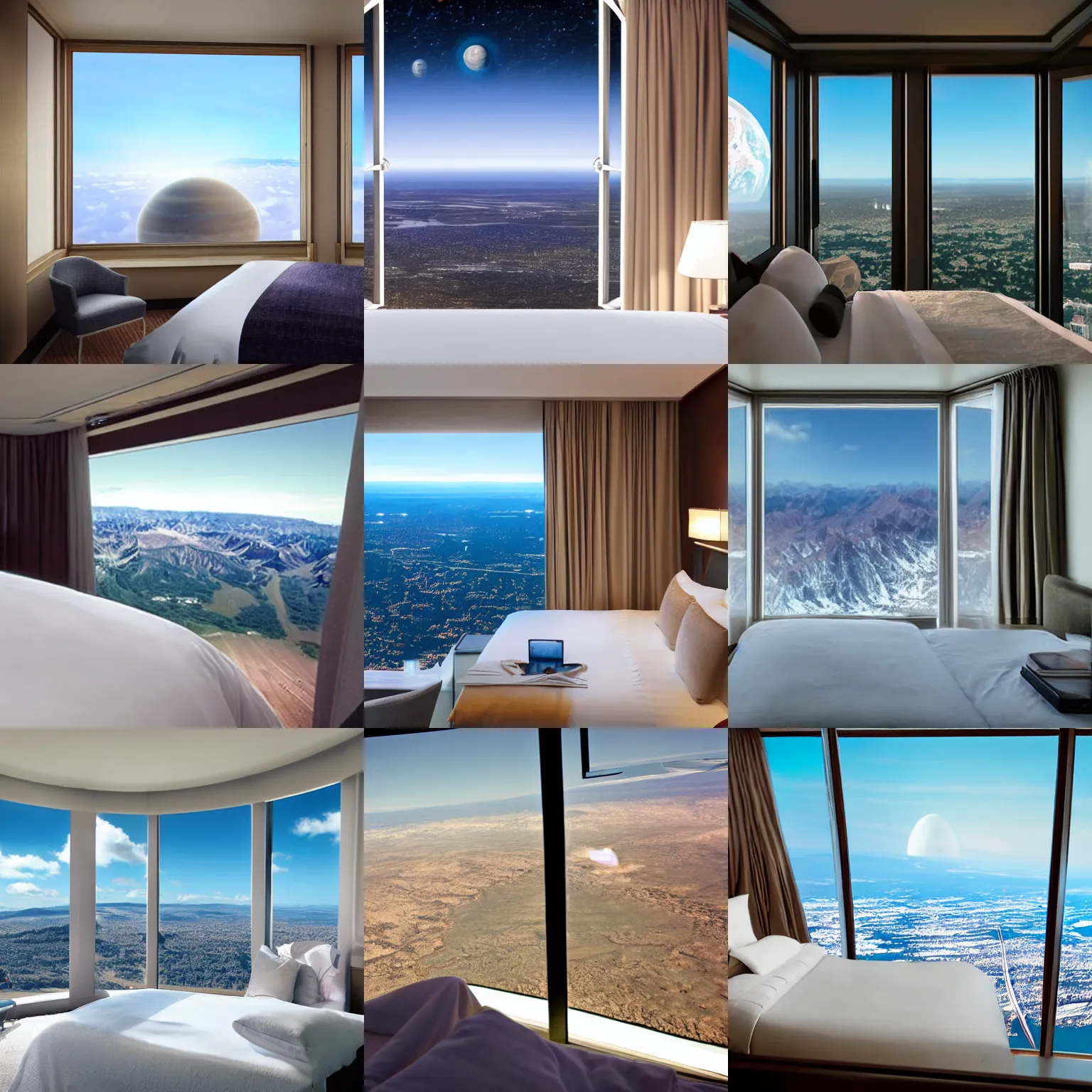 Prompt: window view from a bedroom in a luxurious hotel in space, with planet earth in the background