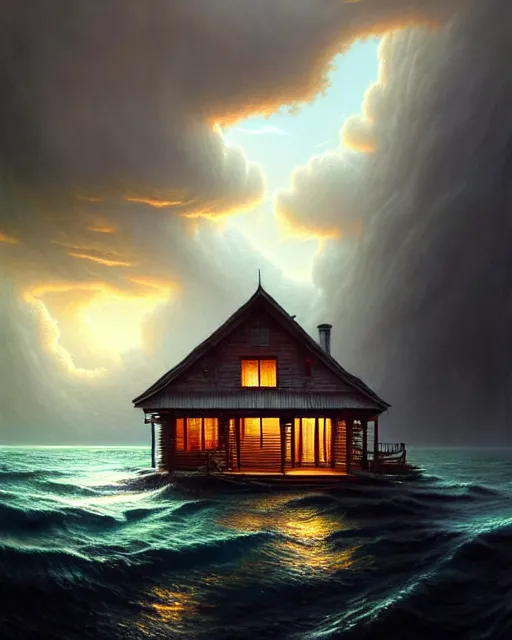 Image similar to a hyper - detailed 3 d render like an oil painting of cabin dreaming of the untamed ocean!!!!! surreal concept art, lifelike, photorealistic, digital painting, aesthetic, smooth, sharp focus, artstation hd, by greg rutkowski, bruce pennington, valentina remenar, rhads, asher duran,