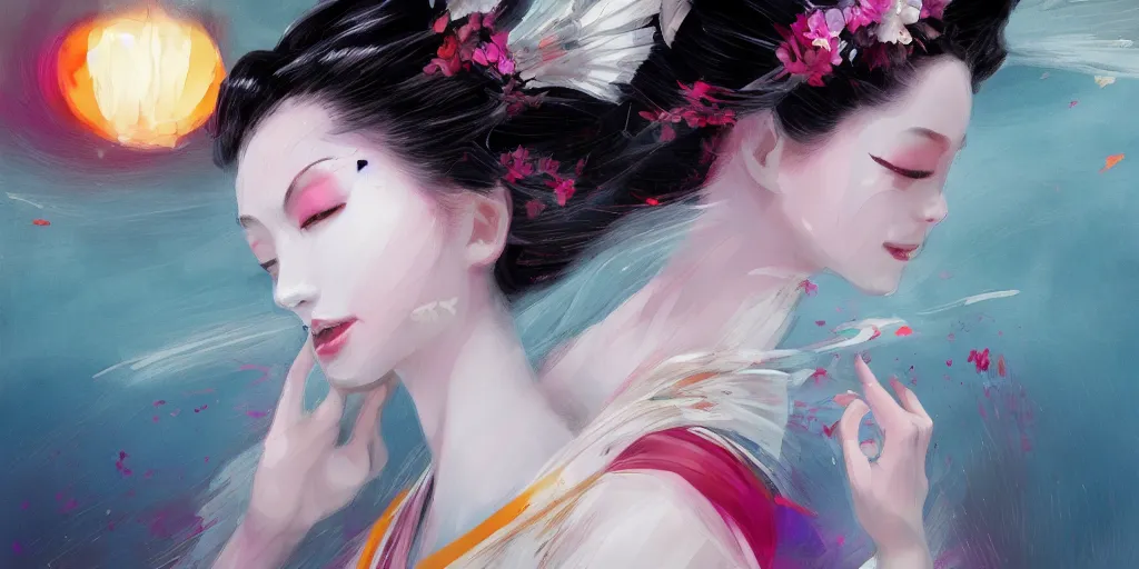 Prompt: full body geisha prima ballerina dancing in the wind, beautiful, ethereal, gorgeous, volumetric lighting, elegant, fluid, highly detailed oil painting, digital painting, concept art, smooth, sharp focus, illustration, strong lines and bold colors, limited color palette, atmosphere and tension, Japanese,manga, trending on artstation