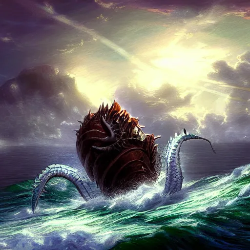 Prompt: in the style of artgerm and Thomas Kinkade, large sea dragon coming out of the water to attack a small boat, rough seas, night, lighting, cinematic lighting, realistic