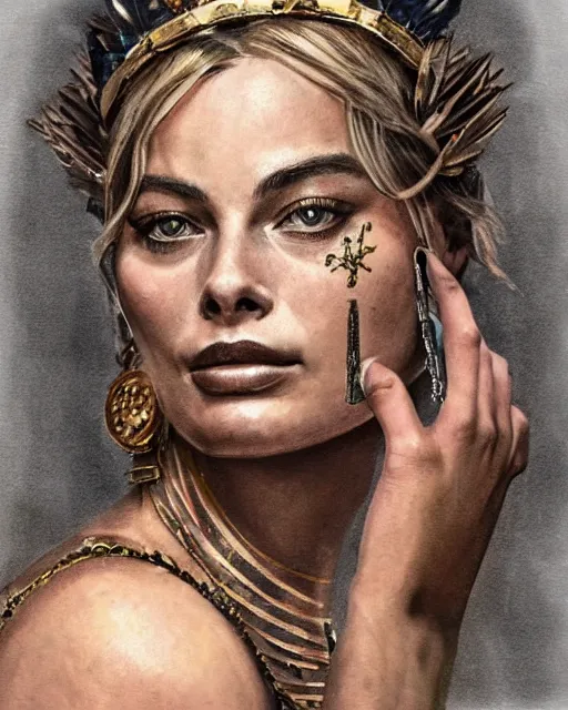 Image similar to realism tattoo sketch of margot robbie as a beautiful greek goddess aphrodite with piercing eyes wearing a laurel wreath and triangle earrings, in the style of greg rutkowski, amazing detail