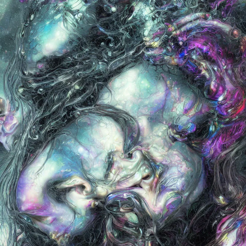 Prompt: a dark baroque close - up portrait of a colorful iridescent rainbow porcelain being made out of white liquid sci - fi vitrified translucent ceramic marble ; china. reflective detailed textures. gloomy black background. highly detailed fantasy science fiction painting by moebius, norman rockwell, frank frazetta, and syd mead. rich colors, high contrast. artstation