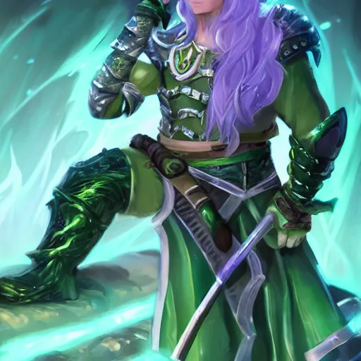 Image similar to a dnd triton with green hair, wielding a staff with a glowing crystal, wearing studded leather armor, male, dungeons and dragons character, digital art