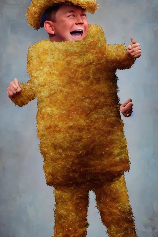 Image similar to channing tatum in a tater tot costume, oil on canvas, intricate, 8 k highly professionally detailed, hdr, cgsociety