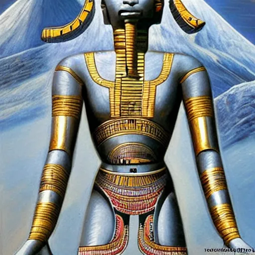 Image similar to the annunaki have returned to egypt wearing space suits that look like egyptian pharoah head - dresses and breathing hoses that look like elephant trunks - alien - looking, cyborg, detailed, photo - realism