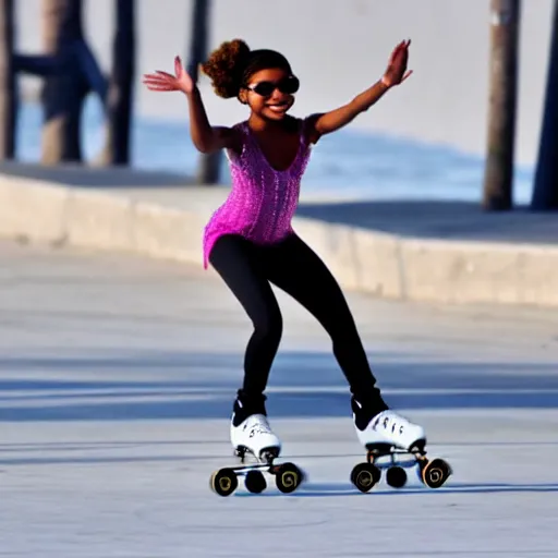 Prompt: Halle Bailey roller skating on Venice Beach in the style of GTA V