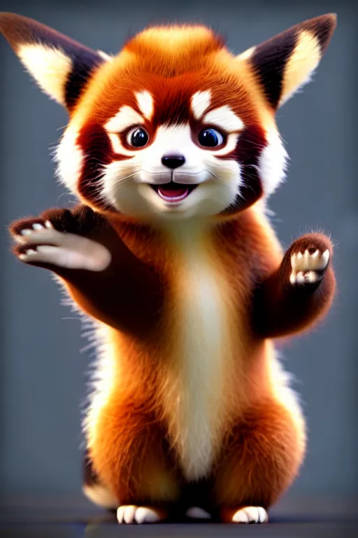 Image similar to high quality 3 d render hyperrealist very cute red panda & cat hybrid, vray, detective pikachu, very dramatic light, low angle, uhd 8 k, shallow depth or field