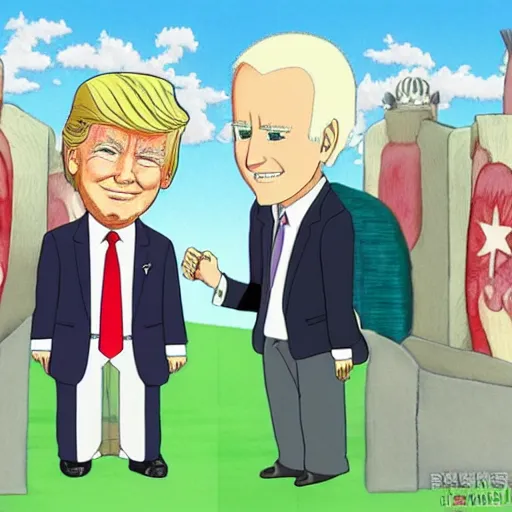 Prompt: Donald Trump and Joe Biden as studio ghibli characters by Hayao Miyazaki, pastel full color