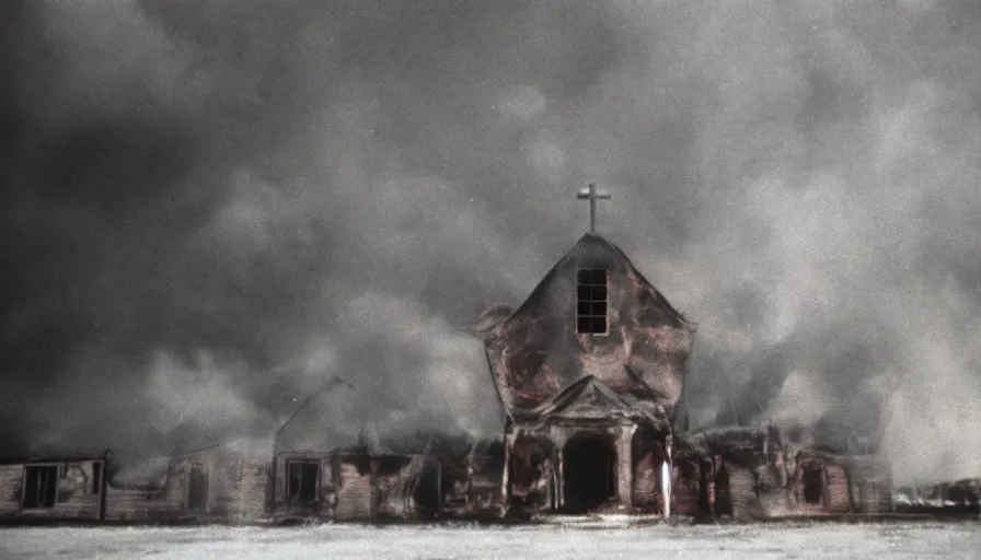 Prompt: 7 0 s film still from a horror movie about burning churches, kodachrome, cinecolor, cinestill, film grain, film texture, retro, cinematic, high resolution, photorealism,