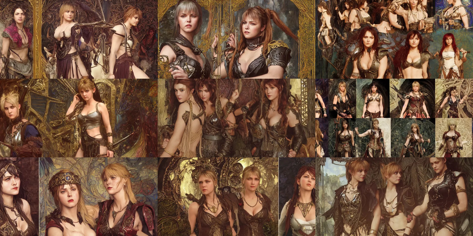Prompt: paintings of cinematic stills from the xena warrior princess and final fantasy x crossover, gothic and victorian and roman architecture, intricate jewelry, vests, corsets, kneehigh boots, ornate, filigree, bloom, rim lighting, cinematic lighting, god rays, by mucha, by bouguereau, artstation, cgsociety, rendered in octane.