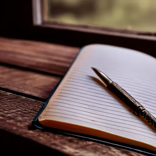 Image similar to highly detailed close up photo of an old worn notebook on wooden table, old table, feather pen, light coming out of near window, moody lighting, dust in air