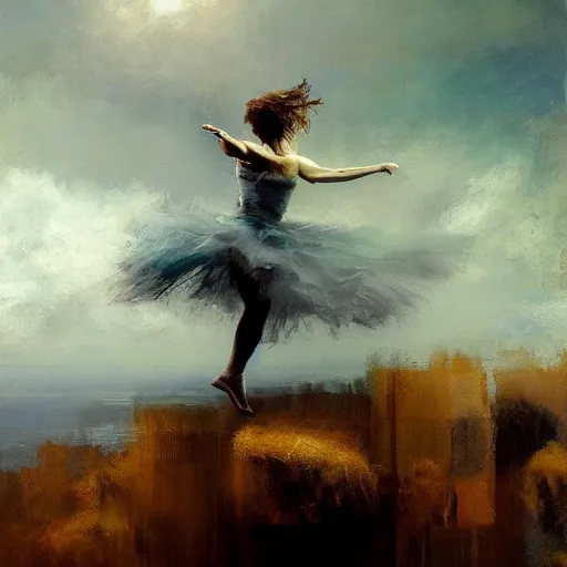 Image similar to painting of a beautiful surreal Harpey, dancing on a cloud, by Jeremy Mann and Jason Jenicke, detailed, stylized, loose brush strokes, intricate, realistic, exaggerated lighting, sense of scale, ferocious, sensual