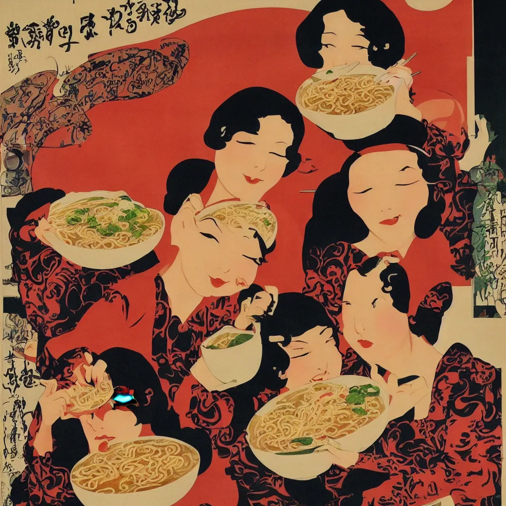 Image similar to 2 beautiful women eating a bowl of ramen, 1920s poster art