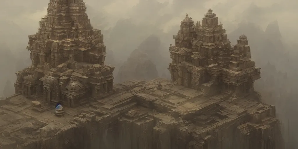 Image similar to orthographic projection | | a temple in the clouds, by greg rutkowski and james gurney, trending on artstation