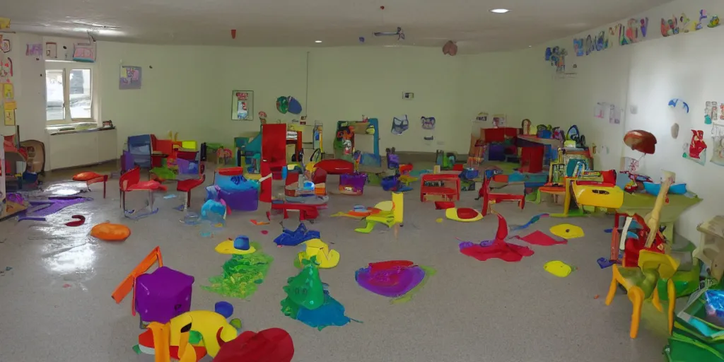 Image similar to childrens daycare indoors limital space, not well litt, creepy photo