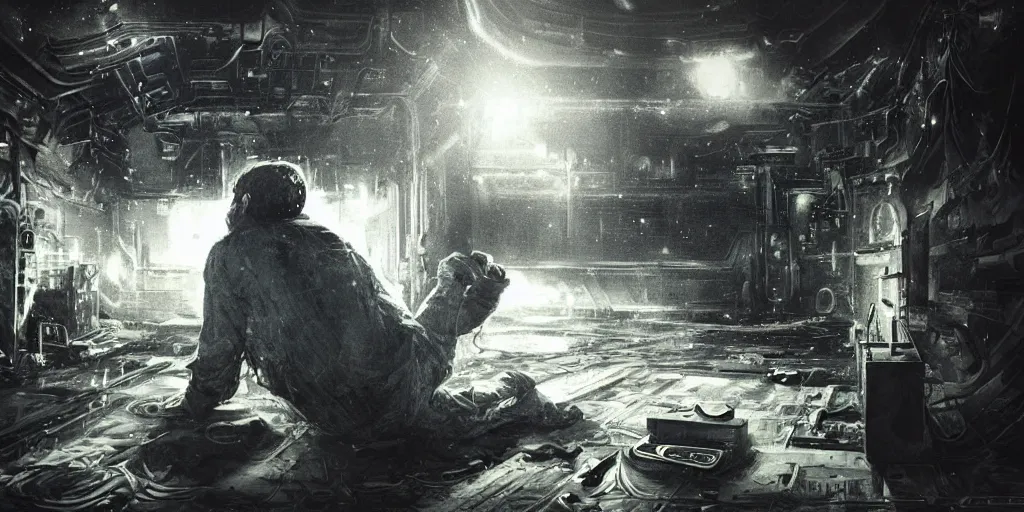 Prompt: the man lies before you, dying in the cold space station. he whispers to you his final words :'fuck art.'extremely lush detail. melancholic scene in a cold space station. perfect composition and lighting. profoundly surreal. high - contrast lush surrealistic photorealism. an expression of anguish and resignation on the man's face.