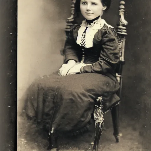 Prompt: Portrait of a girl wearing a Victorian era dress sitting on a chair, 1900s photography