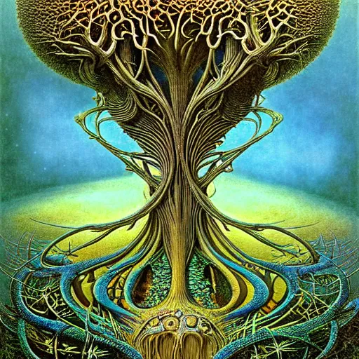 Image similar to tree of life by roger dean and andrew ferez, art forms of nature by ernst haeckel, divine chaos engine, symbolist, visionary, art nouveau, botanical fractal structures, organic, detailed, realistic, surreality