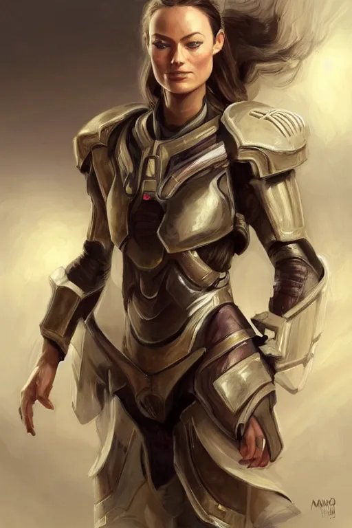 Image similar to a professional painting of a young Olivia Wilde, clothes in military armor, olive skin, long dark hair, beautiful bone structure, symmetrical facial features, intricate, elegant, digital painting, concept art, smooth, sharp focus, illustration, from StarCraft by Ruan Jia and Mandy Jurgens and Artgerm and William-Adolphe Bouguerea