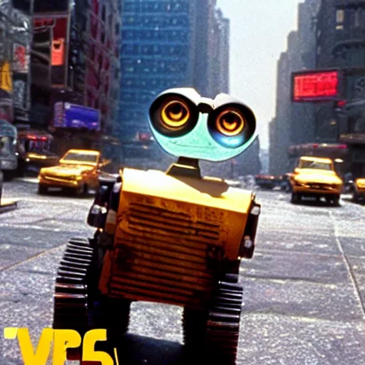 Image similar to Wall-E in New York street, epic 1986 cinematic still