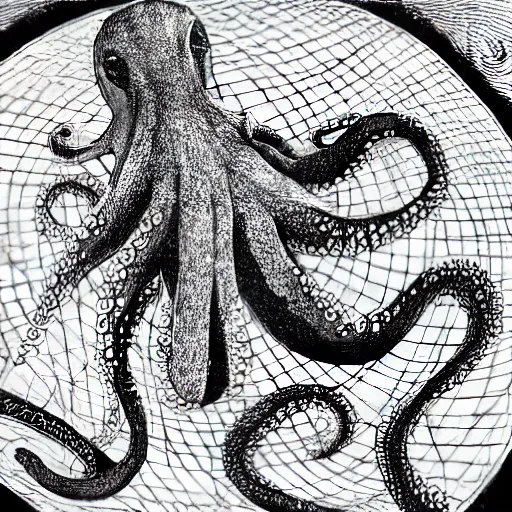 Prompt: relaxed octopus on moon, black and white illustration, m c escher style, stars